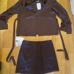 Brown Satin Mini Skirt & Tie Back Shirt
